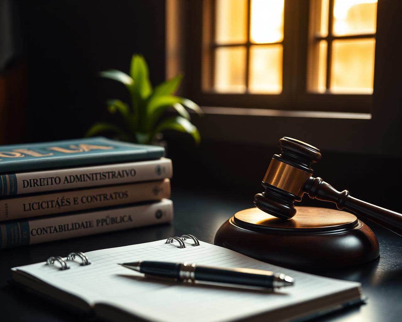 Livros de Direito Administrativo, Licitações e Contratos e Contabilidade Pública sobre uma mesa com martelo de juiz